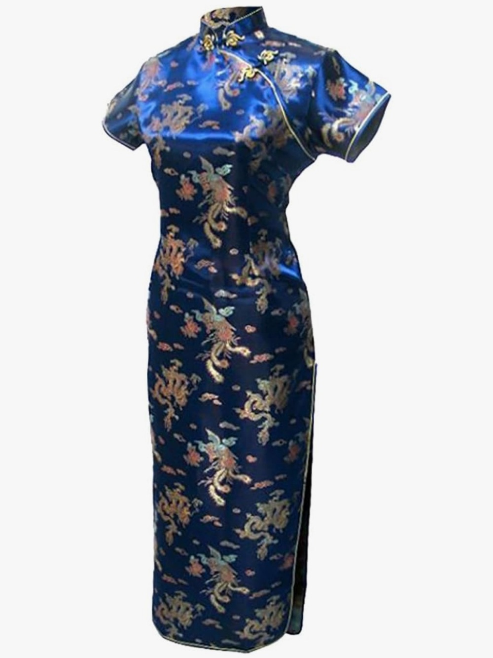 Cheongsam Blue Dragon Phoenix Rayon Brocade S/M Chinese Traditional Dress Long